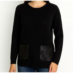 J.Crew Sweater Womens M Boxy Black Merino Wool Vegan Leather Pocket Minimalist